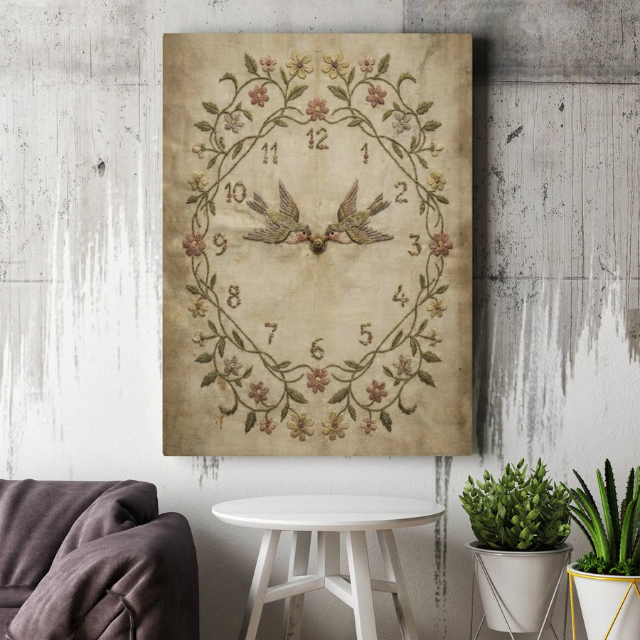 Floral Clock Canvas Art | Kissing Birds Botanical Wreath Print | Textured Vintage Style Wall Decor | Cottagecore Home Gift