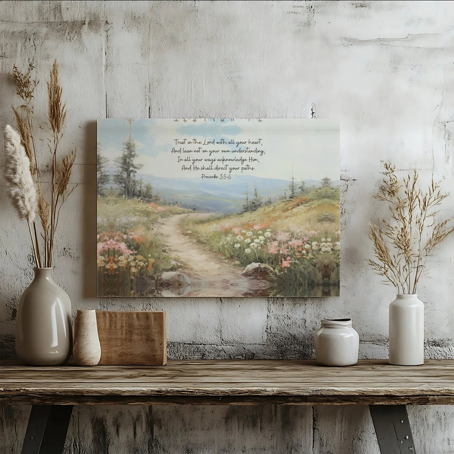 Proverbs 3:5-6 Bible Verse Canvas Wall Art | Wildflower Path Landscape Painting | Premium Gallery Wrap Print | Christian Home Decor Gift