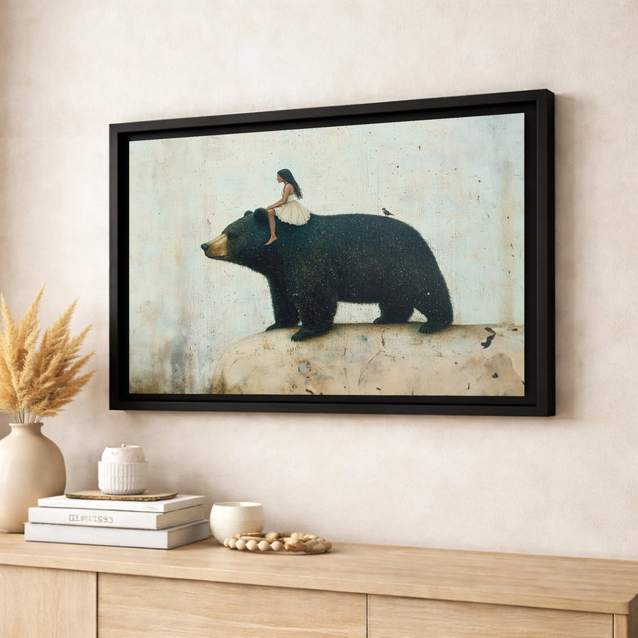 Girl Riding Black Bear Canvas Art | Whimsical Forest Fantasy Wall Decor | Premium 1.25-Inch Gallery Wrap | Surreal Wildlife Fine Art Gift