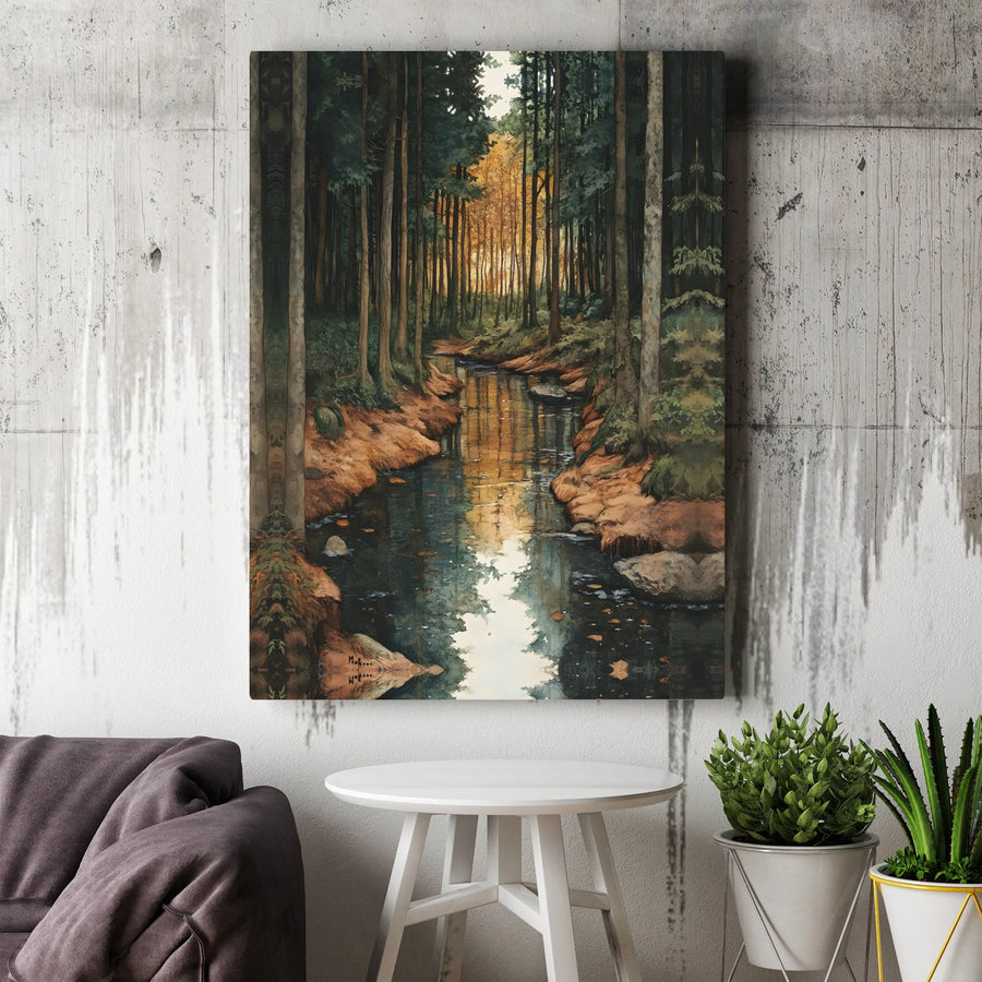 Autumn Forest Stream Canvas Wall Art | Serene Woodland Landscape Painting | Premium Gallery Wrap Print | Nature-Inspired Home Decor Gift