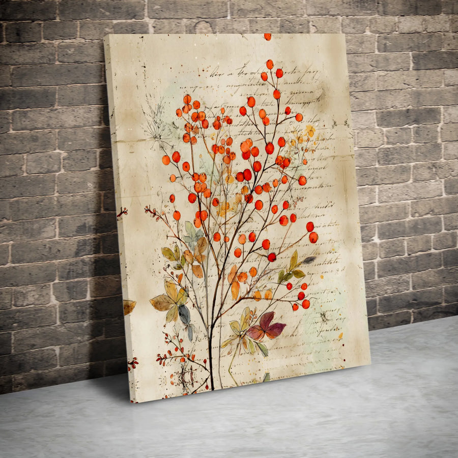 Autumn Berry Botanical Canvas Wall Art | Vintage Script Cursive Background | Premium Gallery Wrap Print | Farmhouse Living Room Decor Gift