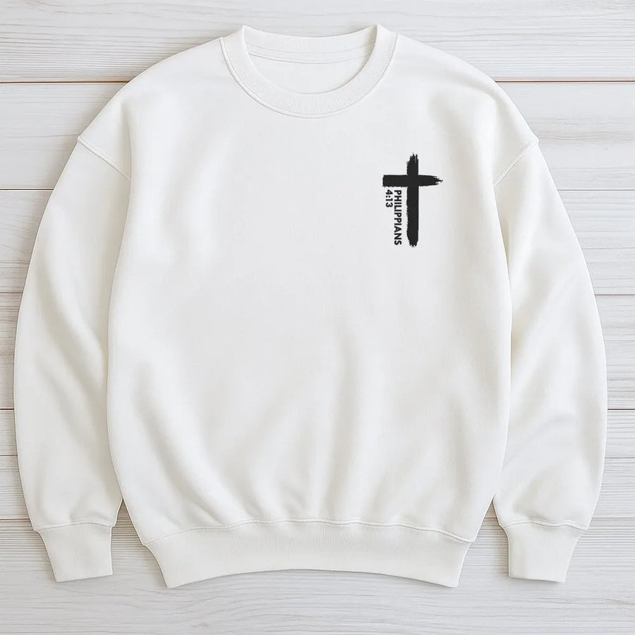 Philippians 4:13 Sweatshirt | Minimalist Brush Stroke Cross Design | Premium Cotton Tee | Christian Faith Based Gift for Men & Women