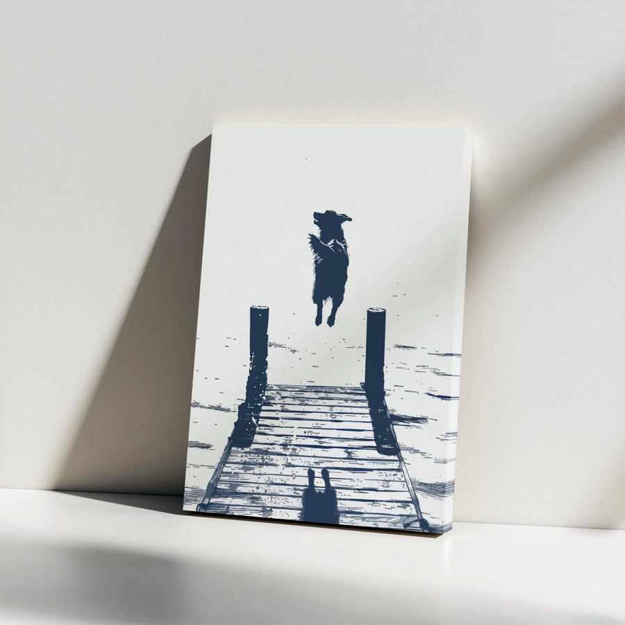 Dog Jumping Off Dock Canvas Wall Art | Minimalist Silhouette Sketch | Premium Gallery Wrapped Decor | Modern Dog Lover Gift