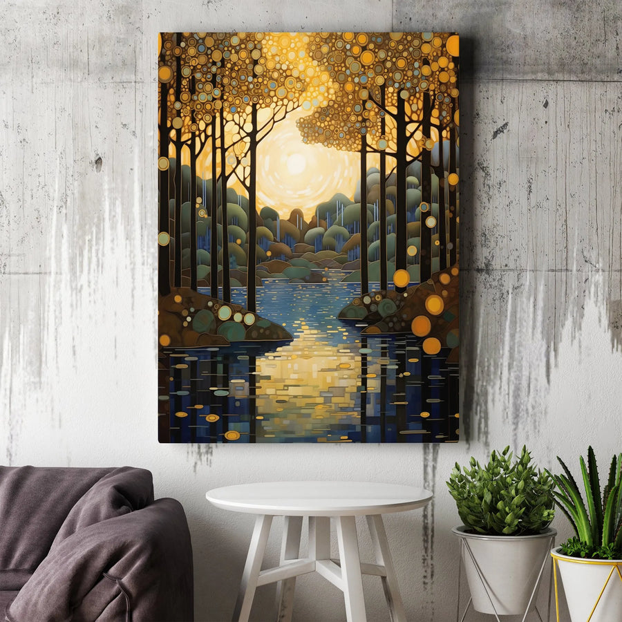 Abstract Forest Landscape Canvas | Golden Sunlit Trees & River Wall Art | Premium Gallery-Wrapped Quality | Modern Nature Home Decor Gift