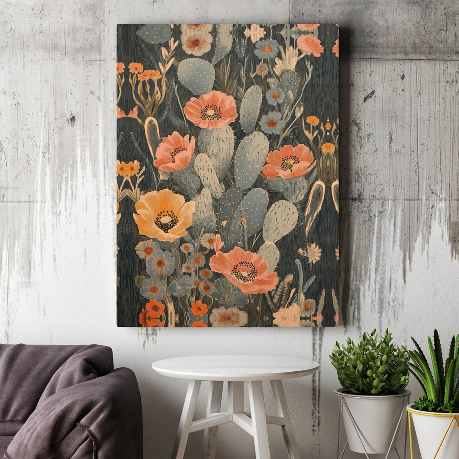 Desert Floral Canvas Print | Vintage Prickly Pear And Poppy Botanical Wall Art | Premium 1.25 Inch Gallery Wrap | Southwestern Home Decor Gift