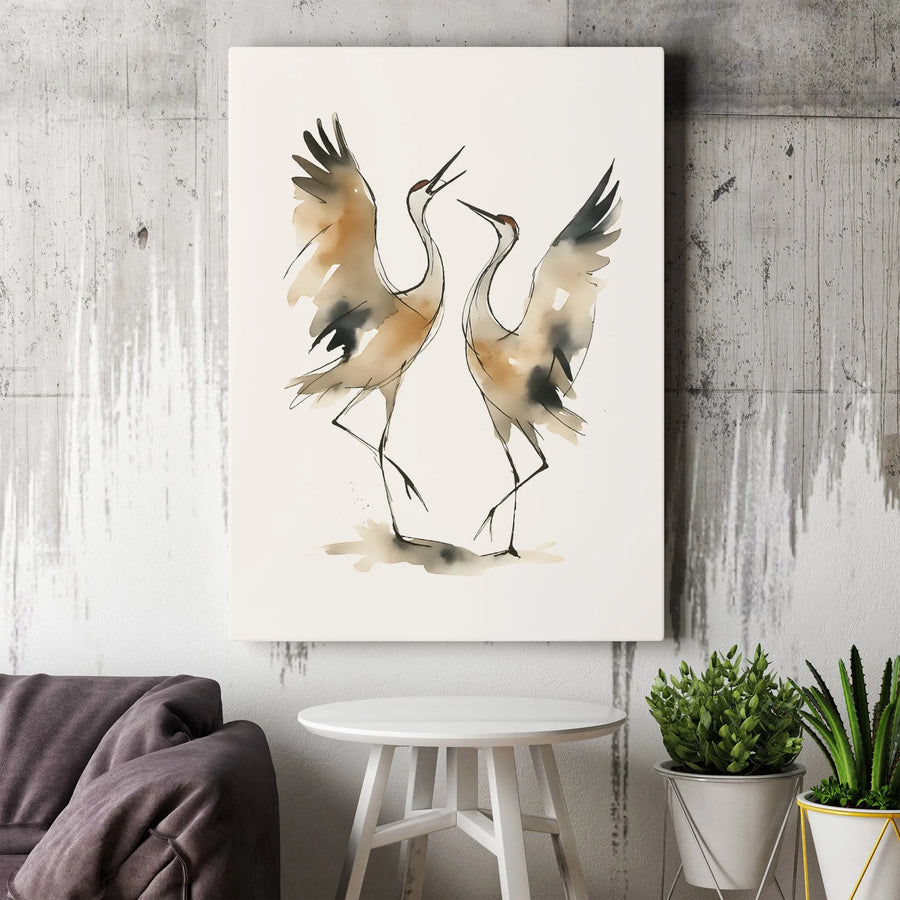 Dancing Cranes Vertical Canvas | Japanese Watercolor Ink Wash Painting | Premium Gallery Wrapped Canvas | Modern Zen Home Decor Gift