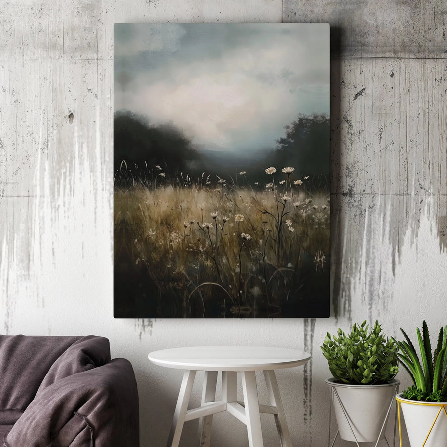 Misty Wildflower Field Canvas Art | Moody Landscape Nature Print | Premium Fade-Resistant Gallery Wrap | Modern Farmhouse Home Decor