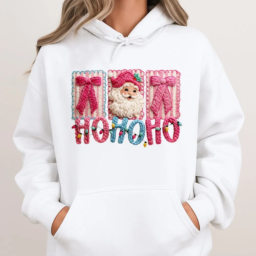 Santa Claus Ho Ho Ho Hoodie | Faux Yarn Christmas Graphic | Soft Premium Cotton Blend | Unisex Holiday Gift for Women and Men