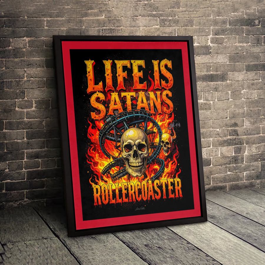 Life Is Satans Rollercoaster Wall Art | Flaming Skull Gothic Poster | 1.25-Inch Premium Gallery Canvas | Edgy Home Decor Gift for Horror Fans