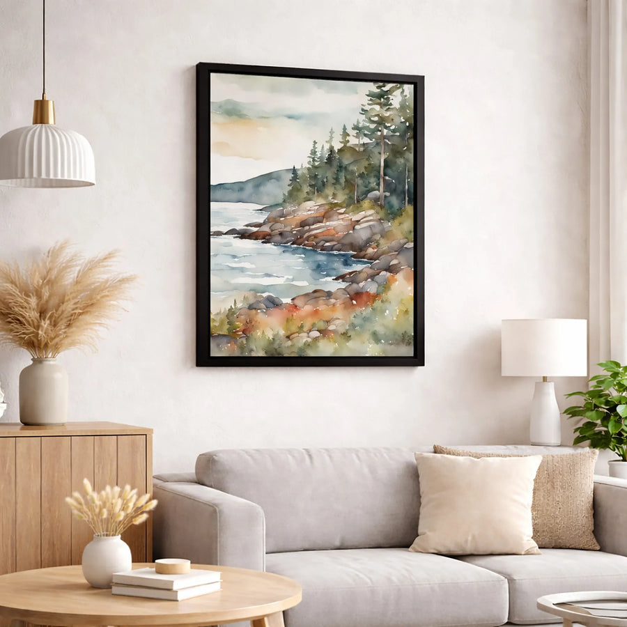 Rocky Shoreline Canvas Wall Art | Watercolor Coastal Pine Tree Landscape | 1.25 Inch Premium Gallery Wrap | Nature Inspired Home Decor Gift