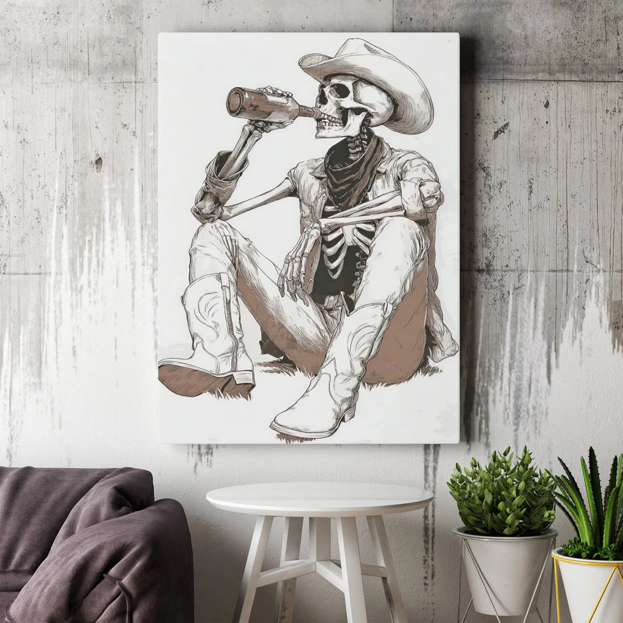 Cowboy Skeleton Canvas Art | Western Drinking Skull Wall Decor | Premium Fade-Resistant Print | Rustic Bar & Man Cave Gift