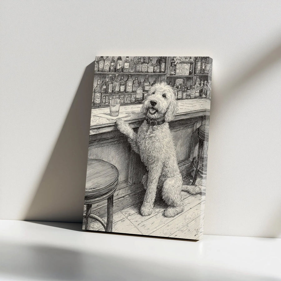 Goldendoodle Dog Canvas Art | Whimsical Bar Sketch Wall Decor | Premium 1.25 Inch Gallery Wrap | Perfect Gift For Dog Lovers & Tavern Enthusiasts