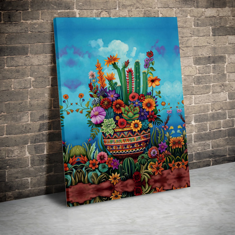 Mexican Folk Art Canvas | Vibrant Desert Cactus & Wildflower Print | Premium Gallery-Wrapped Wall Decor | Southwest Botanical Home Gift
