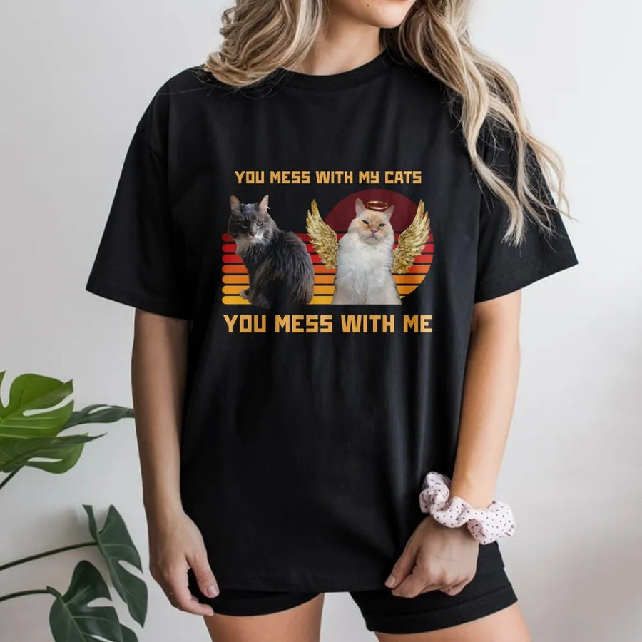 Funny Cat T-Shirt | You Mess With My Cats Retro Graphic | Cozy Cotton Blend Crewneck | Gift for Cat Mom, Cat Dad