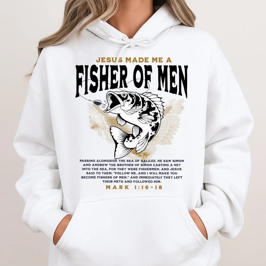 Fisher Of Men Hoodie | Christian Fishing Bible Verse Mark 1:16-18 | Premium Cotton Blend | Religious Faith Gift For Fisherman Men & Women