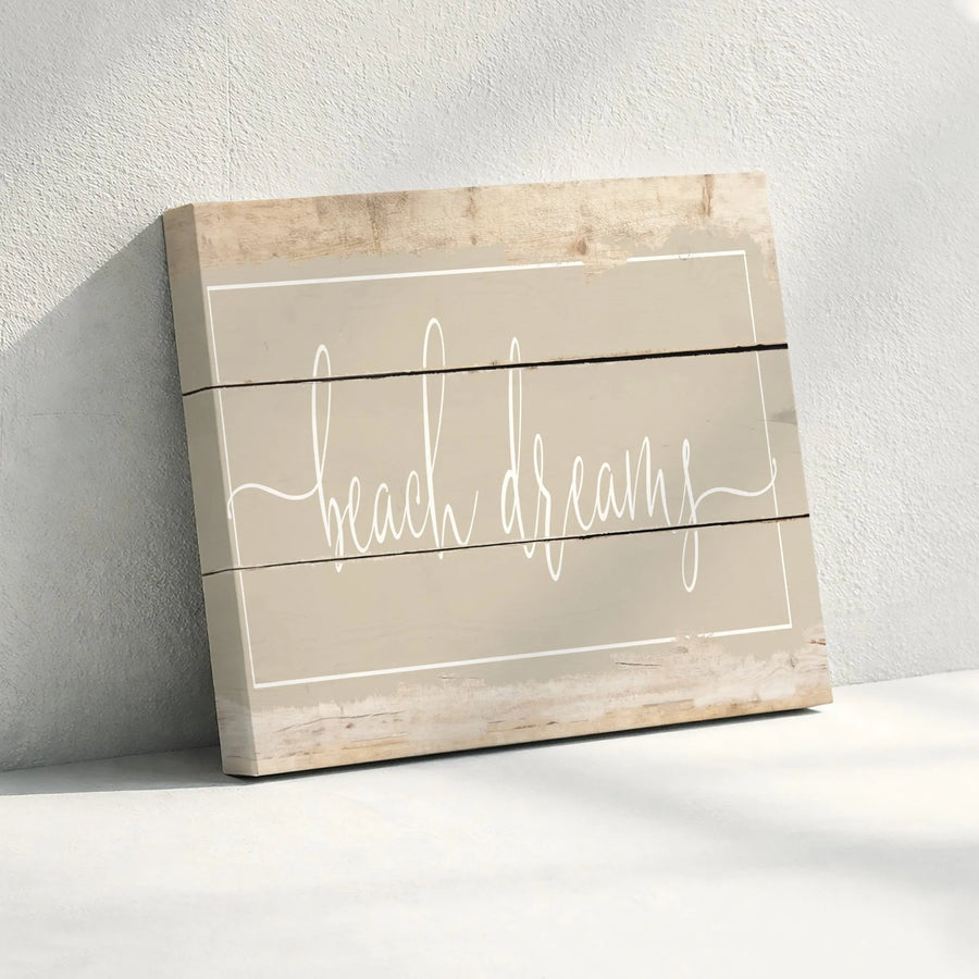 Beach Dreams Canvas Wall Art | Rustic Wood Plank Style with Script Font | Premium Gallery Quality Print | Coastal Farmhouse Living Room Decor Gift