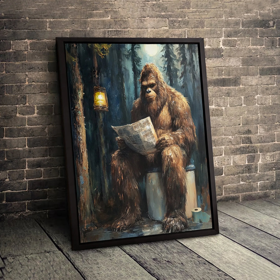 Bigfoot Reading Newspaper on Toilet Canvas | Funny Sasquatch Bathroom Wall Art | Premium Gallery-Wrapped Print | Unique Man Cave Decor Gift