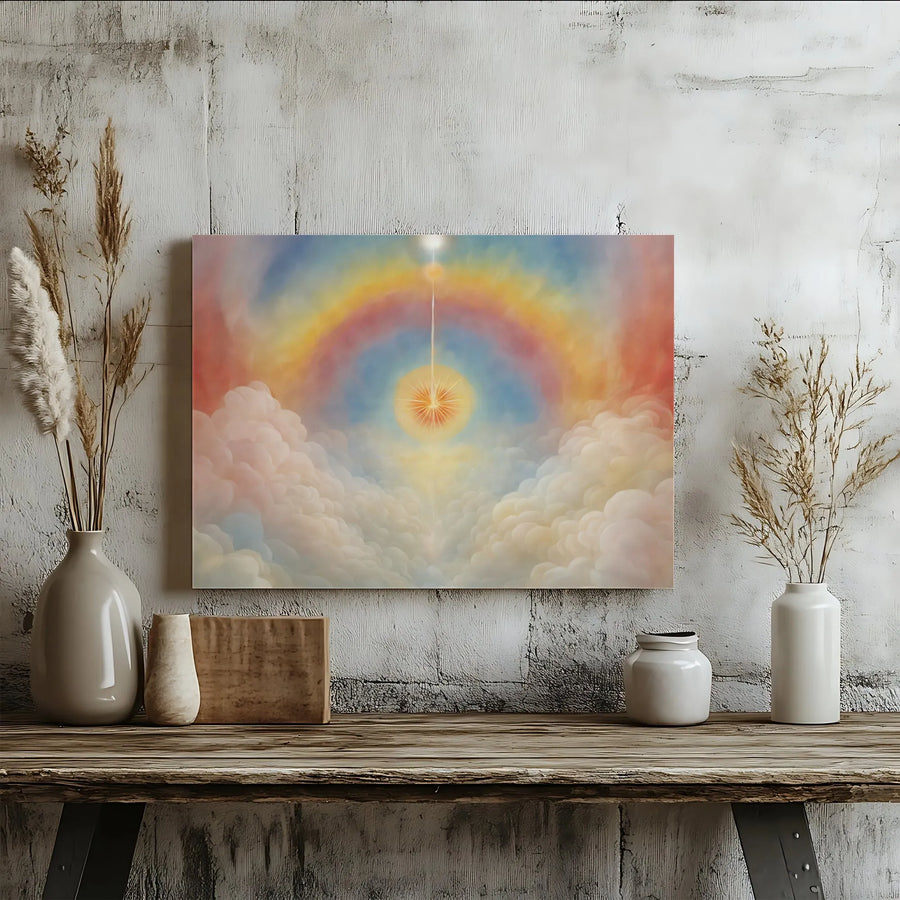 Celestial Sun Rainbow Canvas Art | Ethereal Clouds Spiritual Wall Decor | Premium 1.25-Inch Gallery Wrap | Serene Home Office Gift