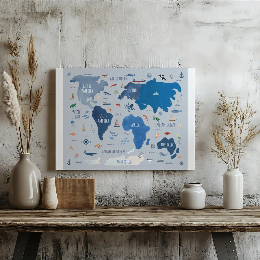 Kids World Map Canvas Print | Illustrated Ocean Animals & Continents | Premium Gallery Wrapped Art | Educational Nursery & Playroom Decor Gift