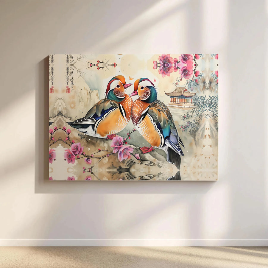 Mandarin Ducks Canvas Wall Art | Asian Cherry Blossom Painting | Premium Gallery Wrapped Decor | Traditional Feng Shui Home Gift