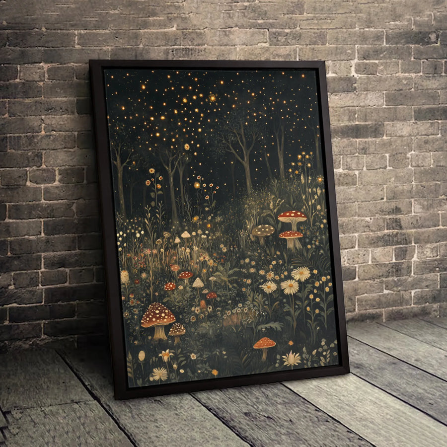 Enchanted Forest Canvas Print | Magical Glowing Mushroom & Firefly Wall Art | Premium 1.25” Gallery Wrap | Whimsical Cottagecore Decor