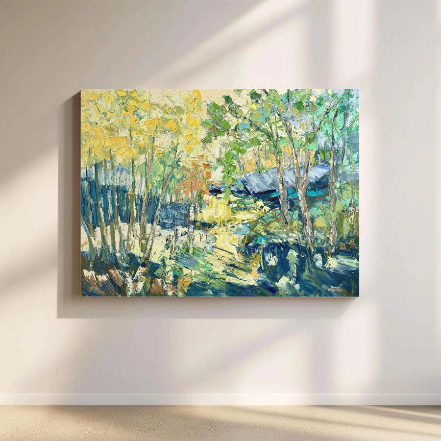 Impressionist Forest Landscape Horizontal Canvas | Palette Knife Oil Painting Style Birch Trees Art | Premium 1.25 Inch Thick Fade-Resistant Print | Vibrant Nature Decor Gift for Living Room