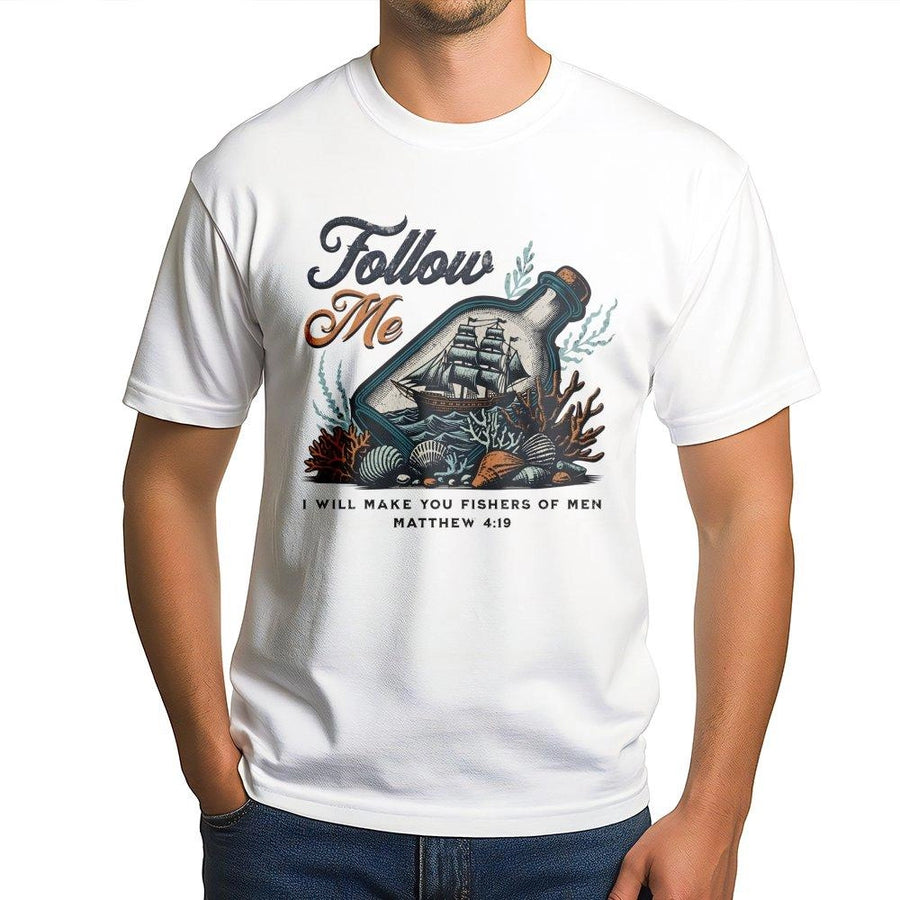 Fishers Of Men T-Shirt | Matthew 4:19 Ship in a Bottle Graphic | Premium Soft Cotton | Christian Faith Gift for Men and Women