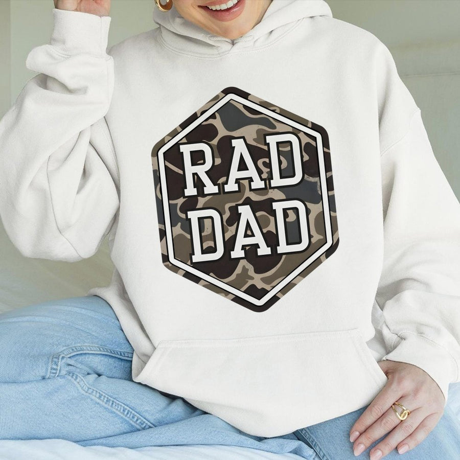 Rad Dad Hoodie | Camo Hexagon Graphic Print | Premium Cotton-Poly Blend | Funny Father's Day 2026 Gift for New Dad or Husband