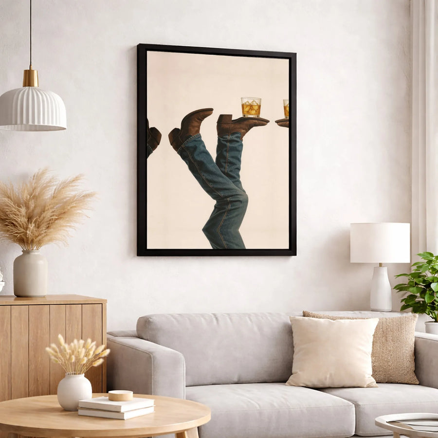 Cowboy Boots Whiskey Glass Canvas Art | Western Bourbon Home Decor | Premium Gallery Wrap Print | Unique Man Cave Bar Wall Hanging