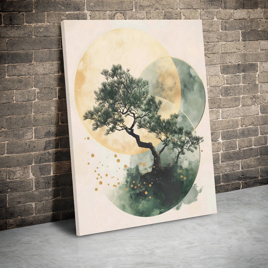 Japandi Bonsai Tree Canvas Print | Abstract Gold And Green Minimalist Wall Art | Gallery Wrapped Premium Material | Zen Home Office Decor