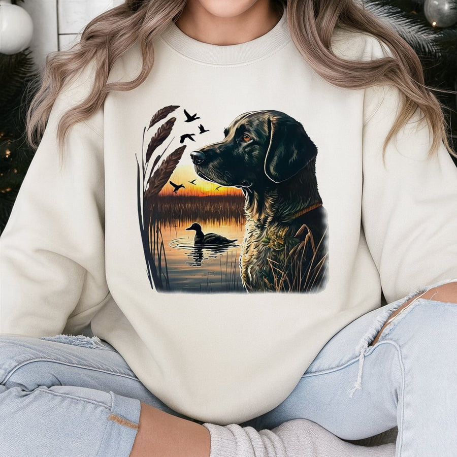 Hunting Dog Sweatshirt | Duck Hunting Sunset Graphic Design | Cotton Blend Outdoor Apparel | Wildlife Lover Gift For Hunters