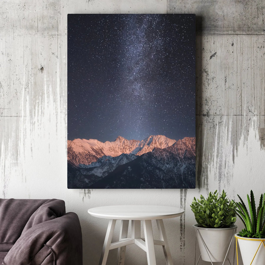 Milky Way Mountain Canvas | Night Sky Over Snowy Peaks Photography | Premium Gallery Wrap Wall Art | Living Room Decor Gift for Stargazer