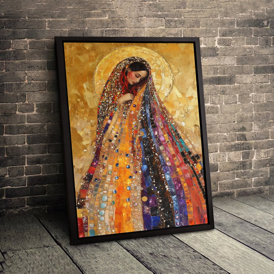 Virgin Mary Canvas Print | Gustav Klimt Mosaic Style Religious Wall Art | Premium Gallery Wrapped Decor | Spiritual Home Gift For Her