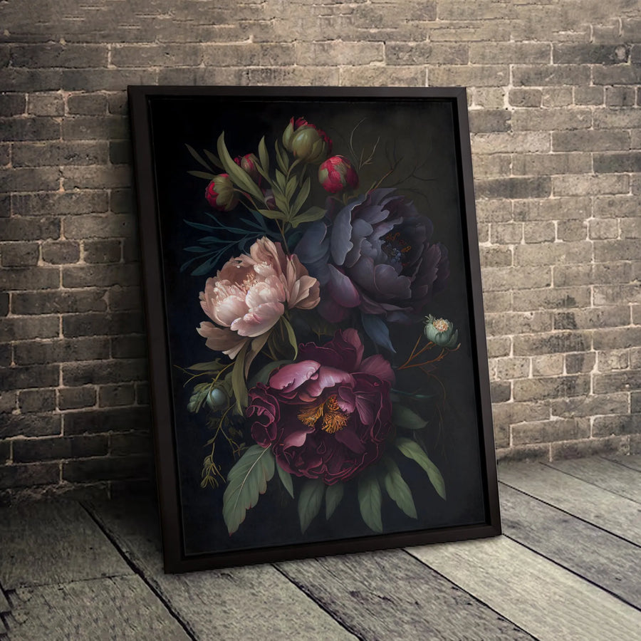 Moody Dark Floral Peony Canvas Wall Art | Dramatic Botanical Oil Painting Style | Premium Gallery-Wrapped Print | Elegant Home Decor Gift