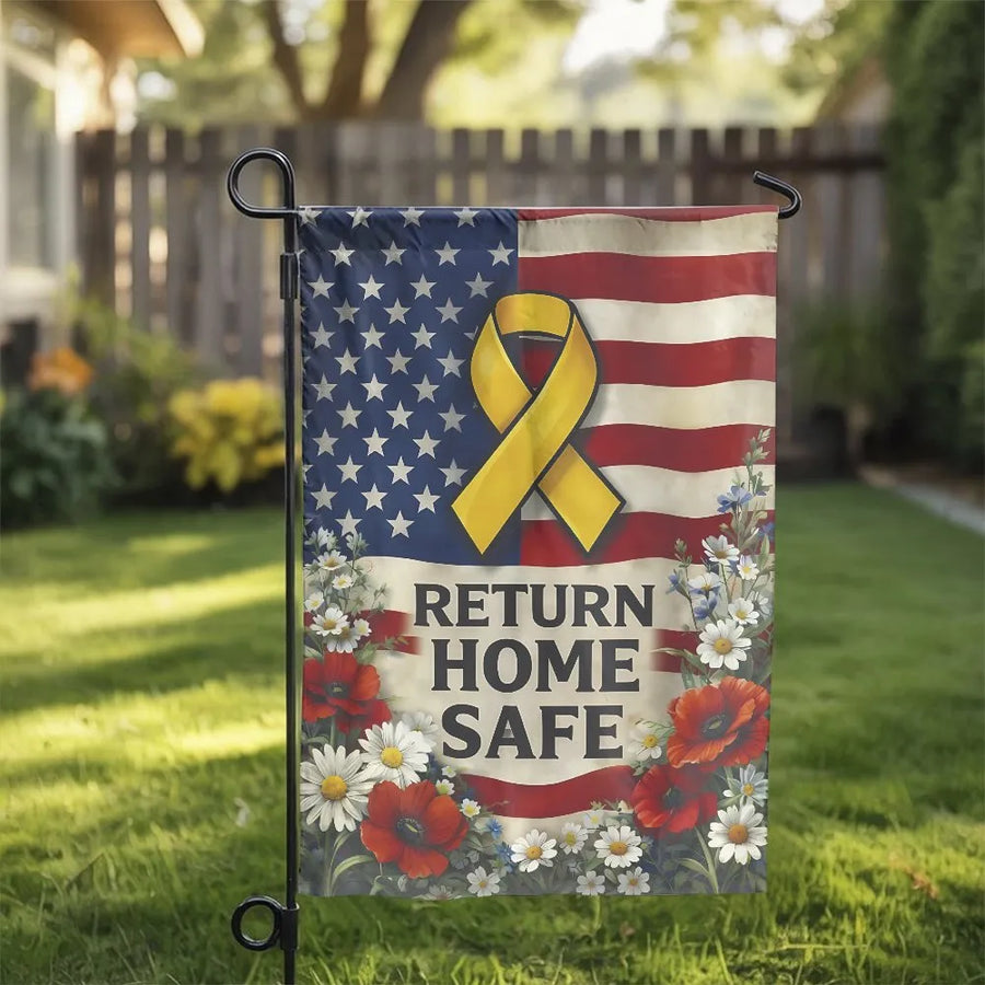 Return Home Safe Garden Flag | American Flag with Yellow Ribbon | Double Sided Weather-Resistant | Patriotic Gift for Military Family