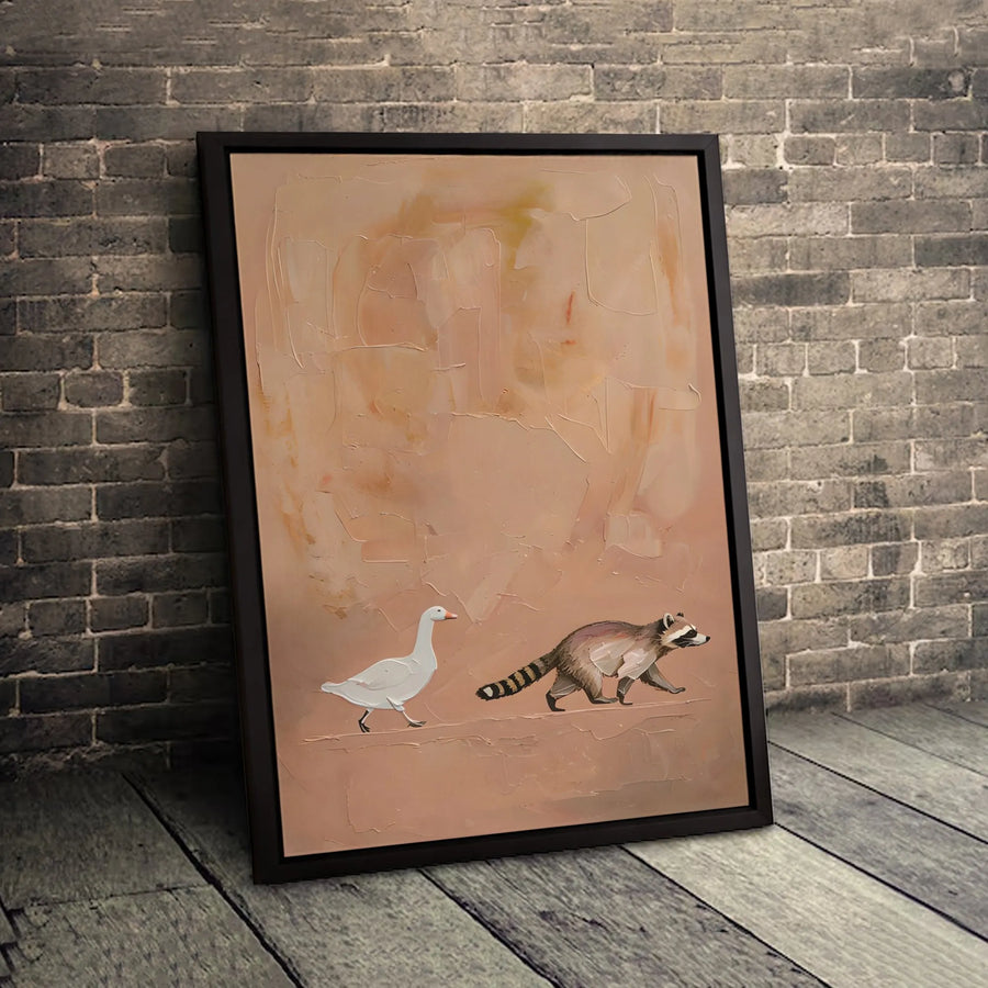 Goose And Raccoon Canvas Wall Art | Whimsical Animal Oil Texture | Premium 1.25" Thick Gallery Wrap | Modern Home Decor Gift