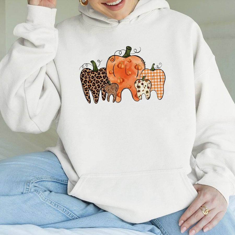Dental Hygienist Hoodie | Pumpkin Tooth Graphic Fall Sweatshirt | Premium Cotton Blend | Funny Dentist Gift for Dental Assistant
