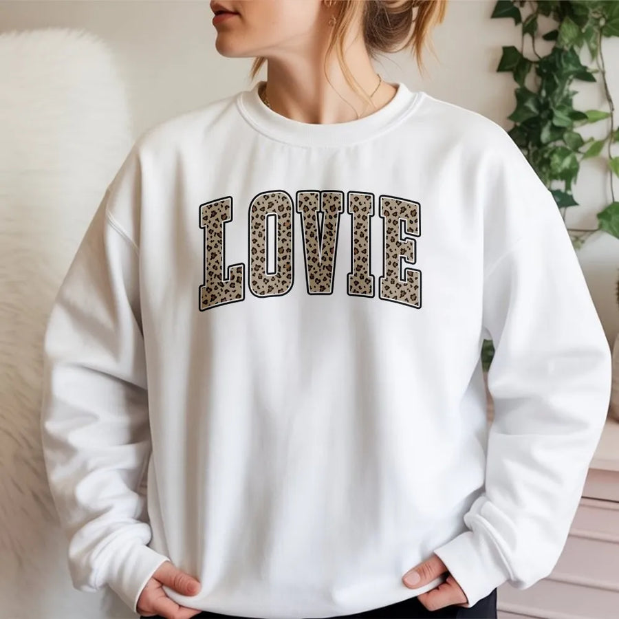 Lovie Sweatshirt | Leopard Print Varsity Letters | Cozy Cotton Blend Pullover | Cute Trendy Gift for Her