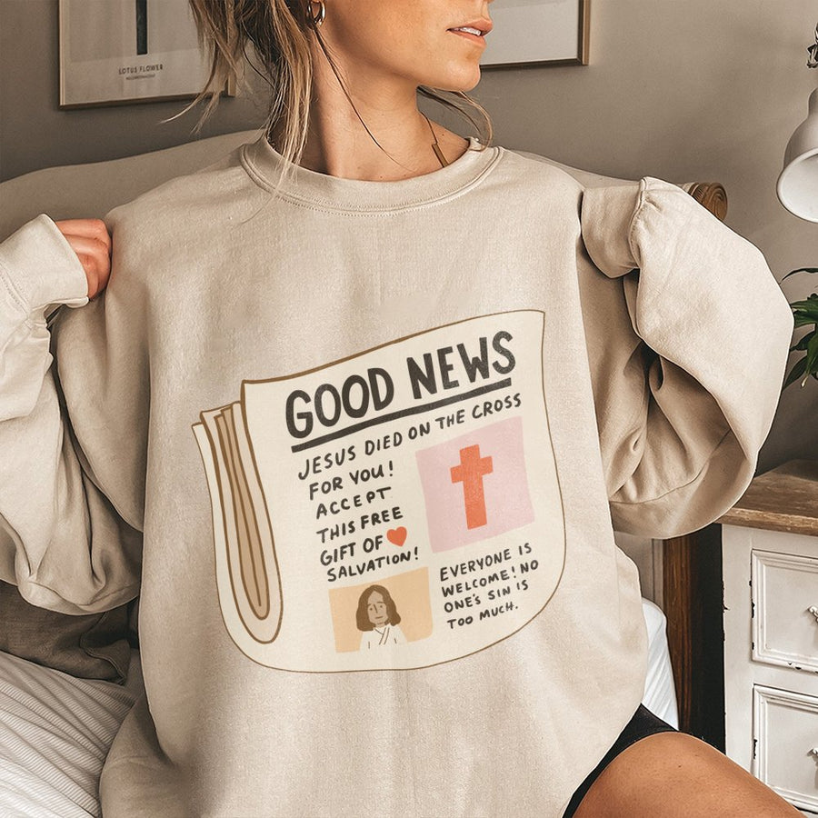 Good News Christian Sweatshirt | Vintage Newspaper Faith Graphic | Premium Cotton Blend | Religious Gift for Men and Women