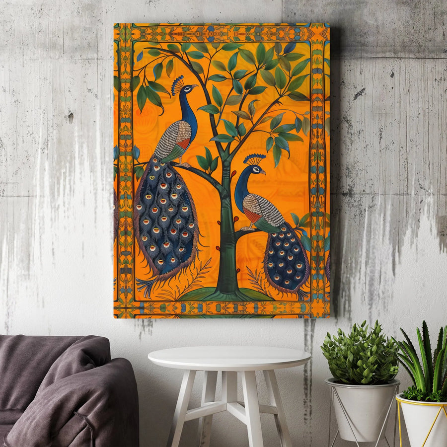 Indian Peacock Canvas Print | Vintage Folk Art Illustration | Premium Gallery Wrapped Canvas | Bohemian Home Decor Gift