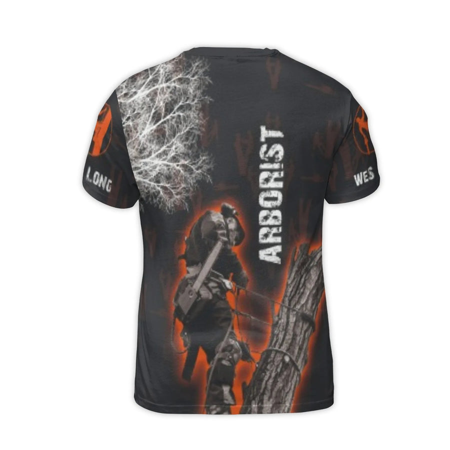 Arborist Graphic T-Shirt | Tree Climber 3D Print Design | Premium Polyester Jersey | Gift for Professional Arborist or Tree Surgeon