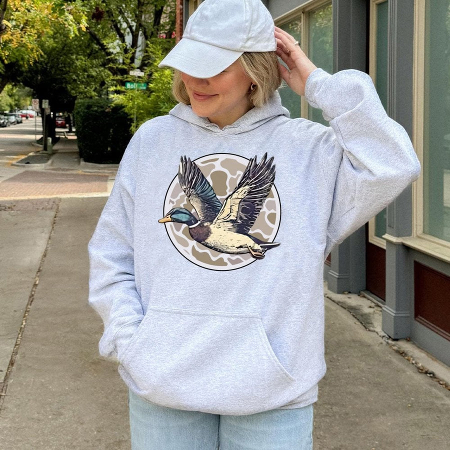 Mallard Duck Hoodie | Flying Waterfowl Wildlife Graphic | Cotton-Poly Premium Blend | Nature Lover Gift for Bird Hunters and Outdoorsmen