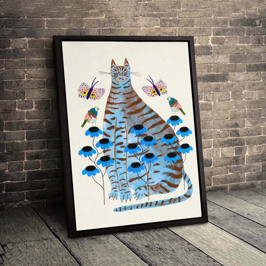 Blue Cat Wall Art | Whimsical Tiger Pattern with Flowers and Birds | Premium Gallery Canvas | Nature Lover Gift for Living Room Decor