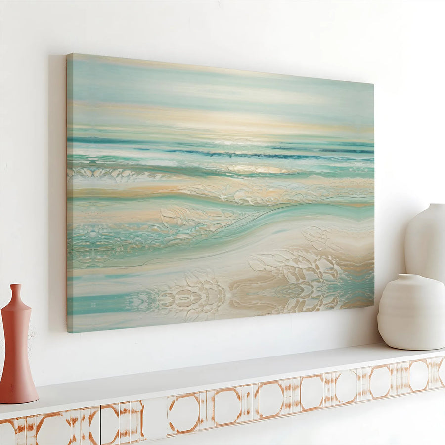 Abstract Coastal Seascape Canvas | Textured Ocean Wave Wall Art | Premium Gallery Wrap Decor | Calm Beach Painting For Living Room