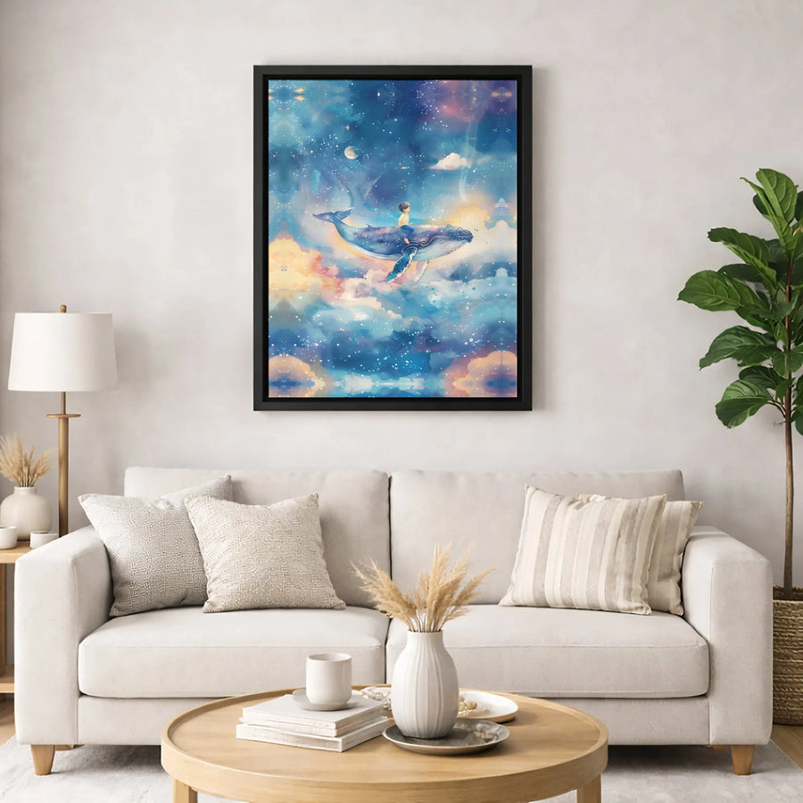Whale Flying In Galaxy Canvas | Dreamy Fantasy Space Wall Art | Gallery Quality Premium Print | Whimsical Nursery & Bedroom Decor