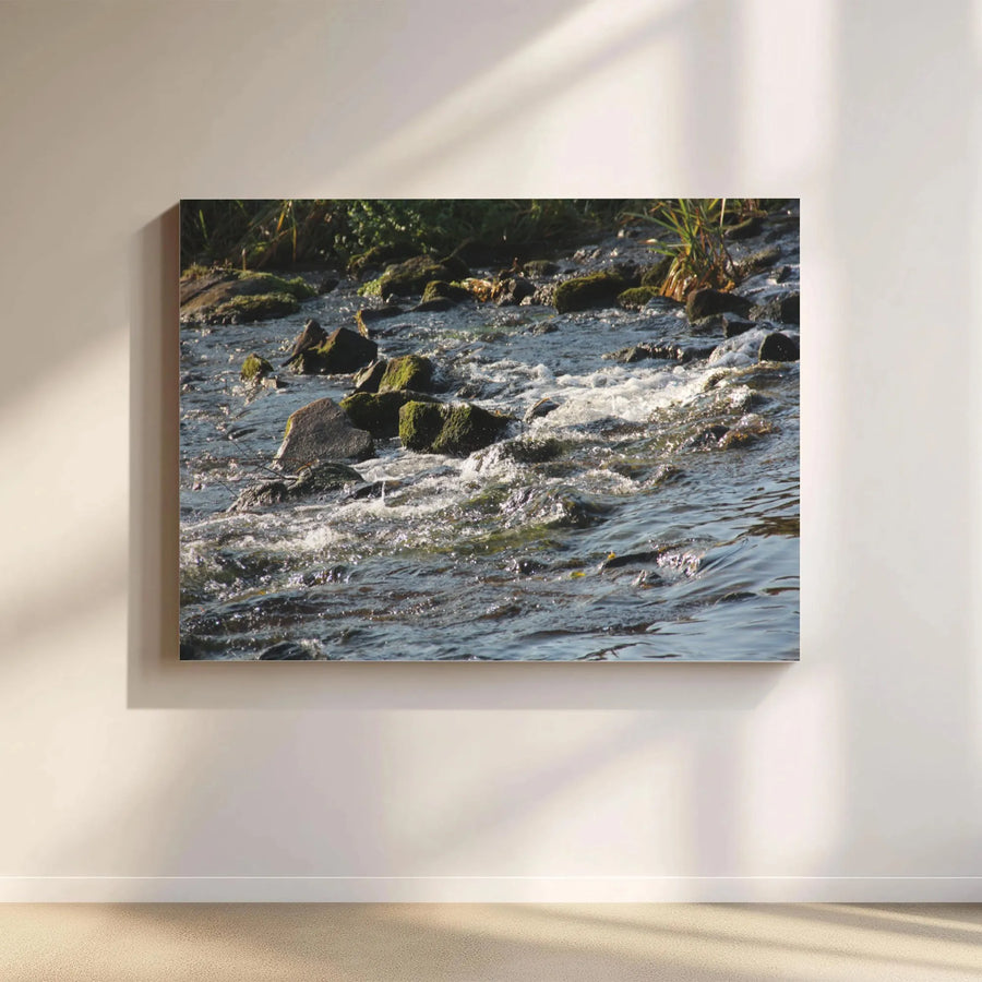 Sunlit River Wall Art | Flowing Stream Over Mossy Rocks | 1.25-Inch Gallery-Wrapped Canvas | Modern Nature Landscape Decor for Home or Office