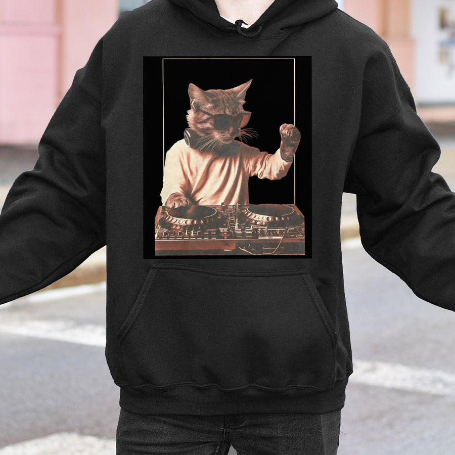 DJ Cat Hoodie | Funny Music Graphic Print | Premium Cotton-Blend | Unique Gift for Cat Lovers & Music Fans