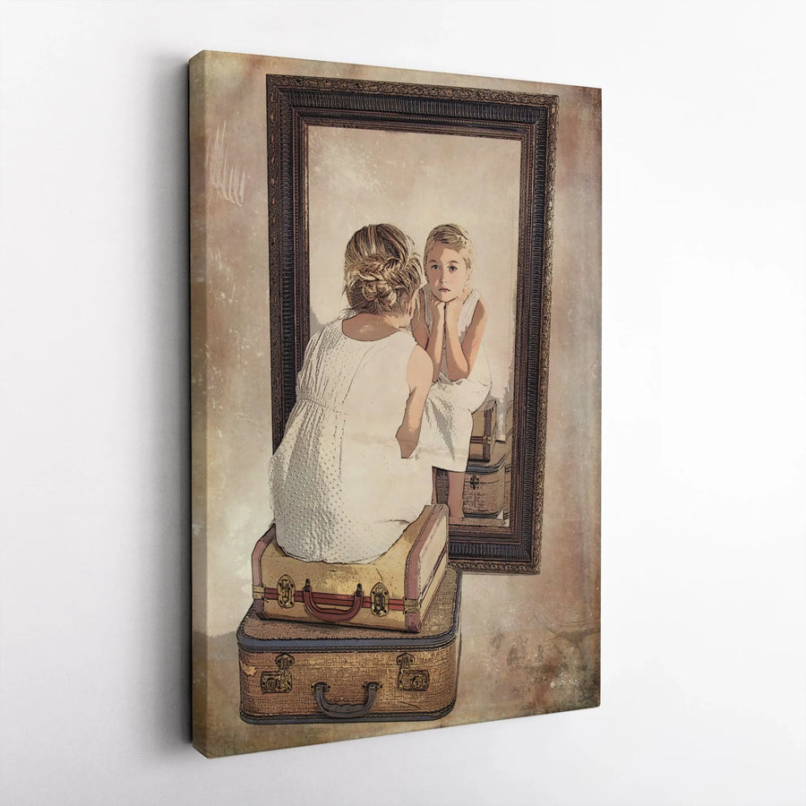 Inner Child Mirror Reflection Canvas Wall Art | Vintage Suitcase Nostalgia Print | 1.25-Inch Premium Gallery Wrap | Emotional Home Decor Gift