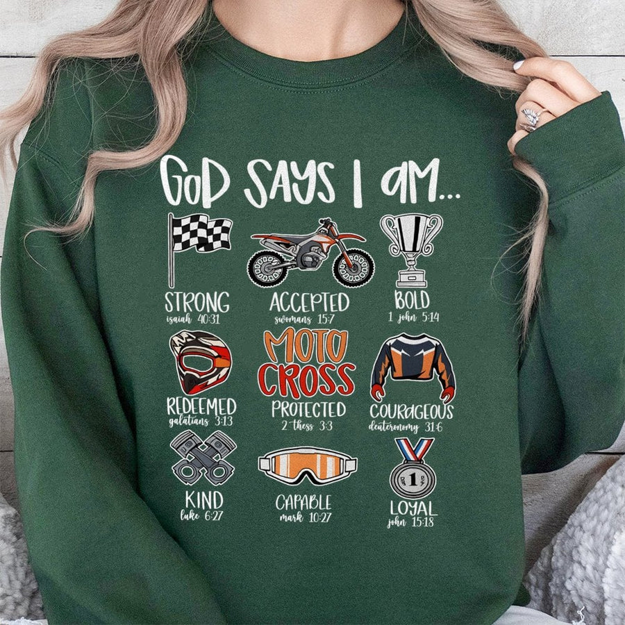 Motocross Faith Sweatshirt | God Says I Am Bible Verse Graphic | Premium Cotton Blend | Christian Dirt Bike Gift for Men Women Teens