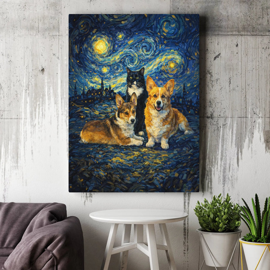Corgi and Cat Starry Night Canvas Art | Van Gogh Style Pet Portrait | Premium Gallery Wrapped Canvas | Collector's Gift for Dog Lover Home Decor
